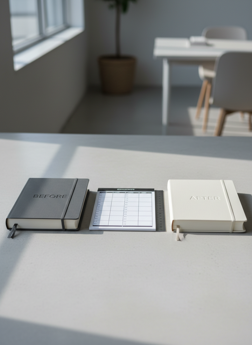 A pair of contrasting hardcover planners, one charcoal gray labeled “Before” and one off-white labeled “After” in understated embossed text, lying parallel on a smooth, pale concrete table. Between them rests a thin, open notepad with a structured checklist layout and a metal ruler, all perfectly aligned. Cool, overcast window light from the left produces soft, controlled shadows and subtle highlights along the planner edges. The background fades into a neutral, blurred office interior with clean lines and muted tones. Captured from a slightly elevated angle with sharp focus on the central objects, the mood is calm, analytical, and supportive of thoughtful planning around major life transitions, rendered in clean, photographic realism.