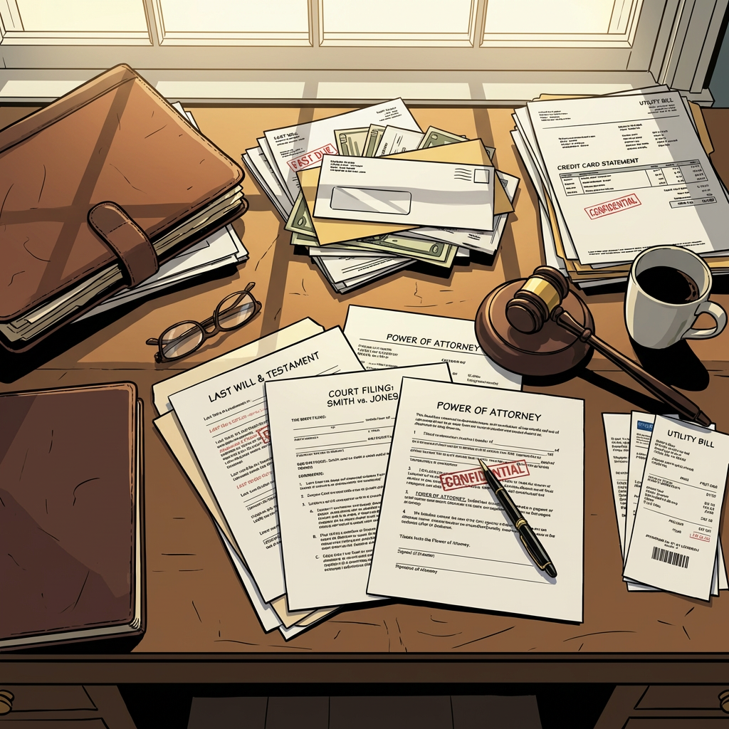 Legal documents, a gavel, and bills spread across a wooden desk under natural light.